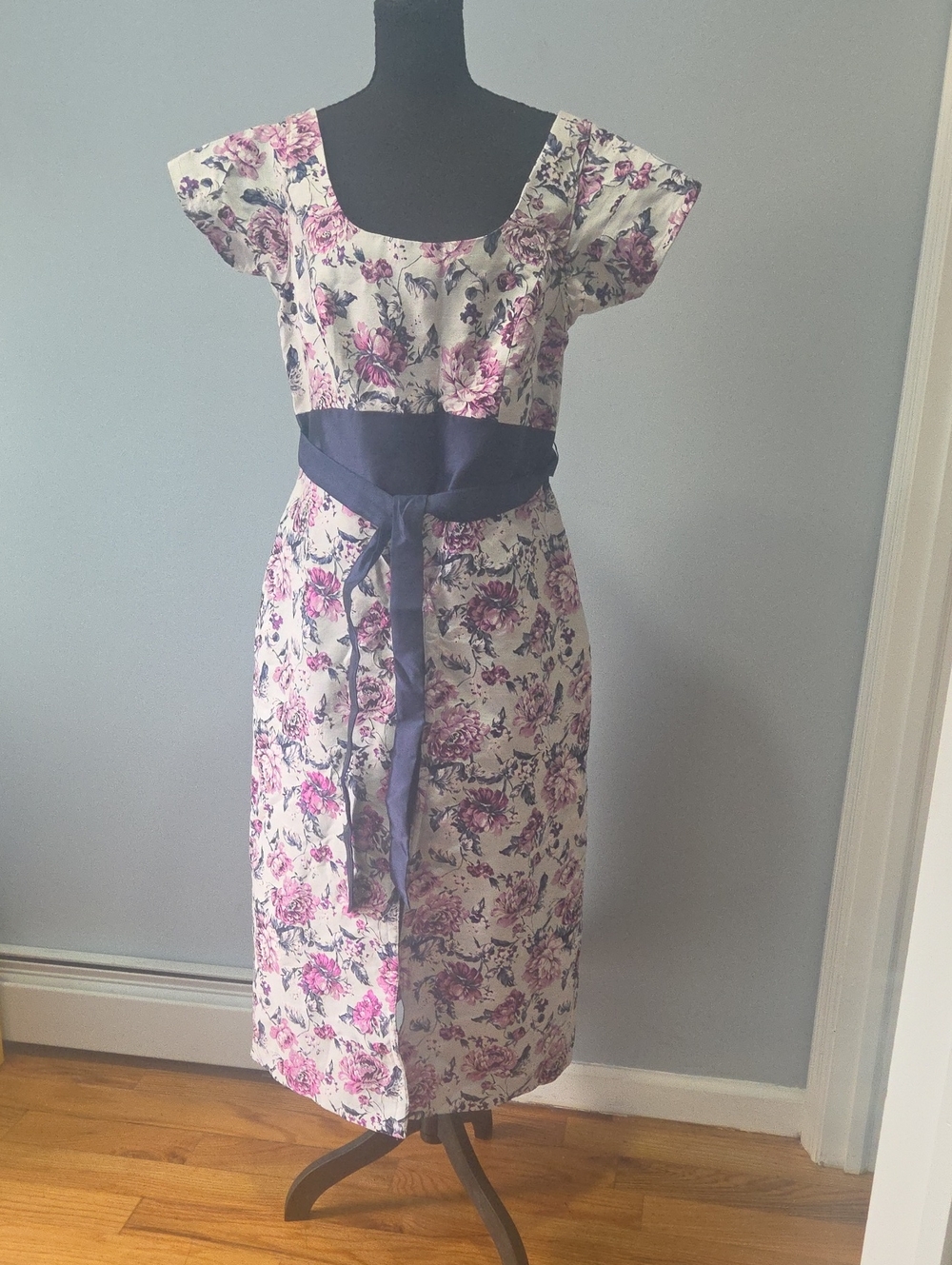 Girls Floral Pink and Cream Dress with Navy Sash